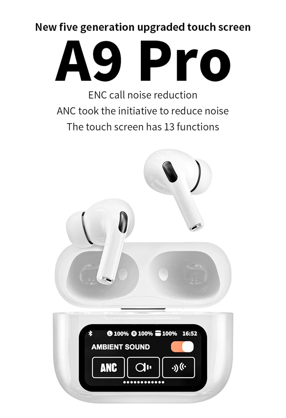 A9 Pro AirPods: Smart ANC/ENC Wireless Earbuds with Touchscreen Display & Bluetooth 5.4 - Crystal Clear Audio for Android/iPhone